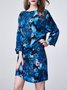 Blue Silk Bateau/boat Neck Elegant Printed Mini Dress